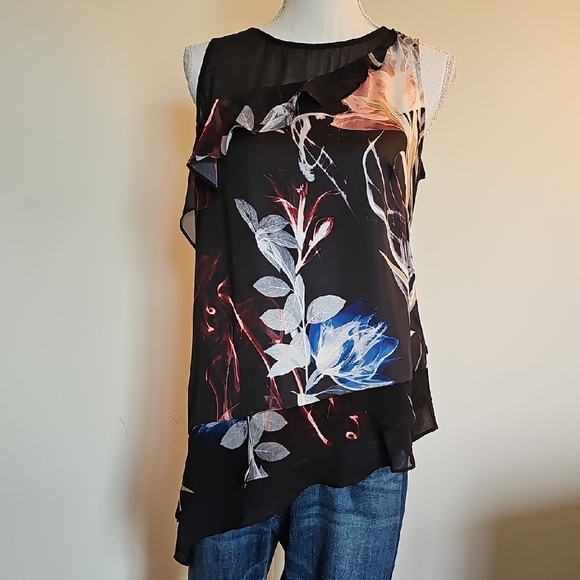 White House Black Market Tops - White House Black Market Black Floral Ruffle Blouse